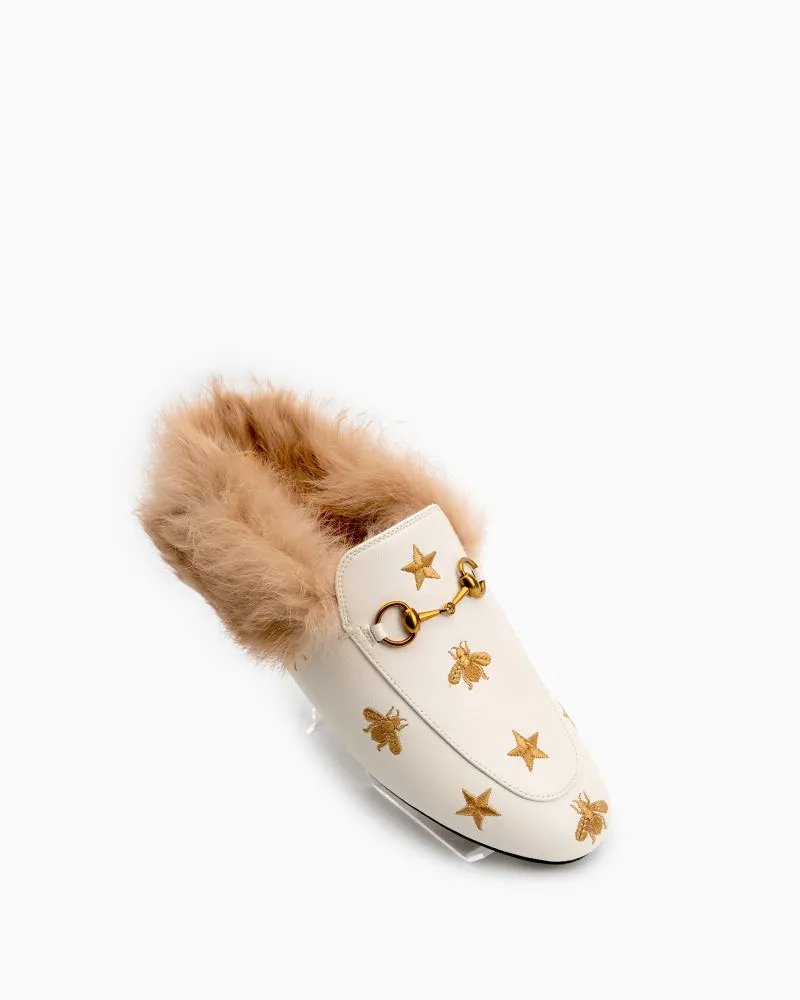 Bee Star Embroidered Furry Fur Slip on Mules