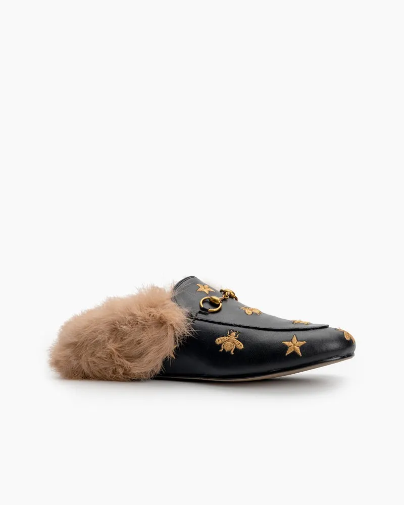 Bee Star Embroidered Furry Fur Slip on Mules