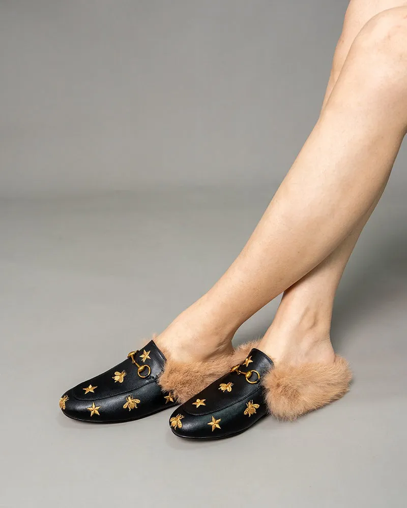 Bee Star Embroidered Furry Fur Slip on Mules