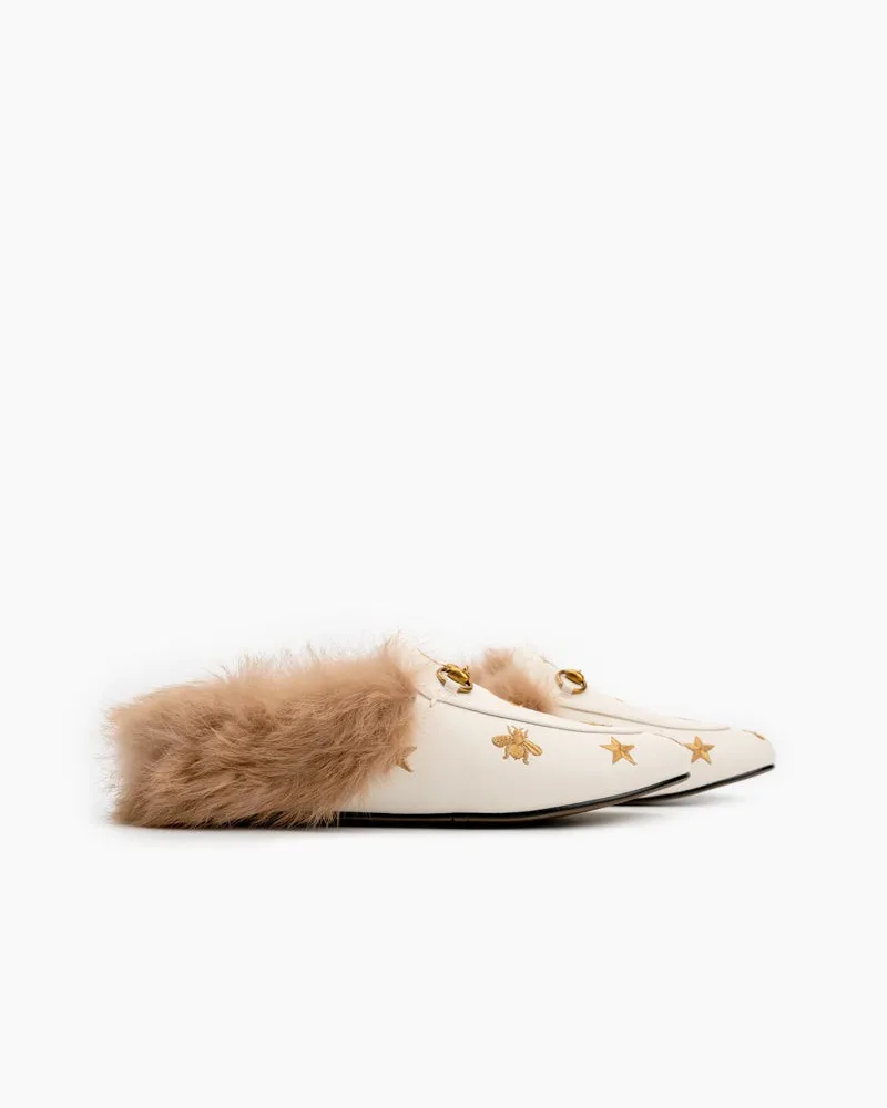 Bee Star Embroidered Furry Fur Slip on Mules