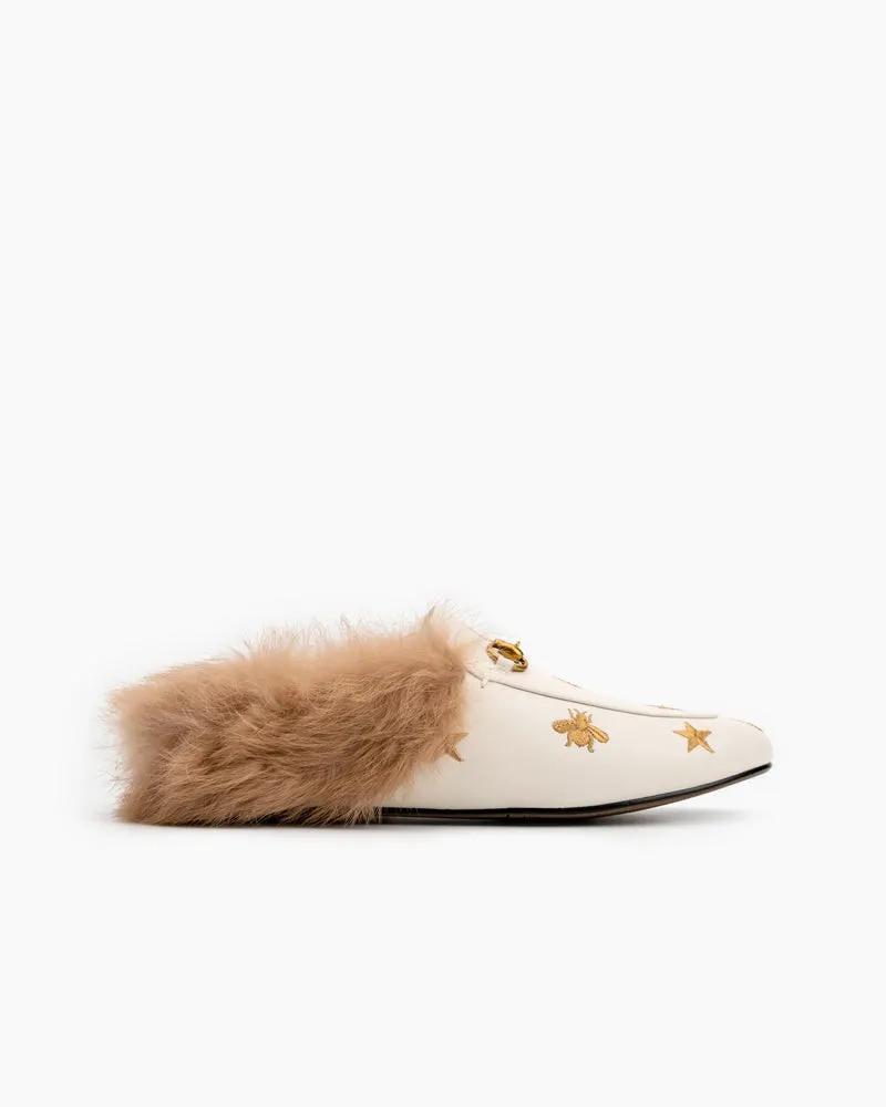 Bee Star Embroidered Furry Fur Slip on Mules