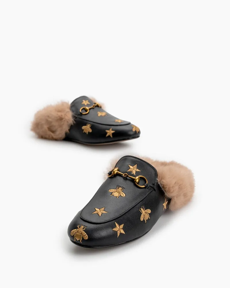 Bee Star Embroidered Furry Fur Slip on Mules