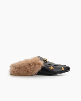 Bee Star Embroidered Furry Fur Slip on Mules