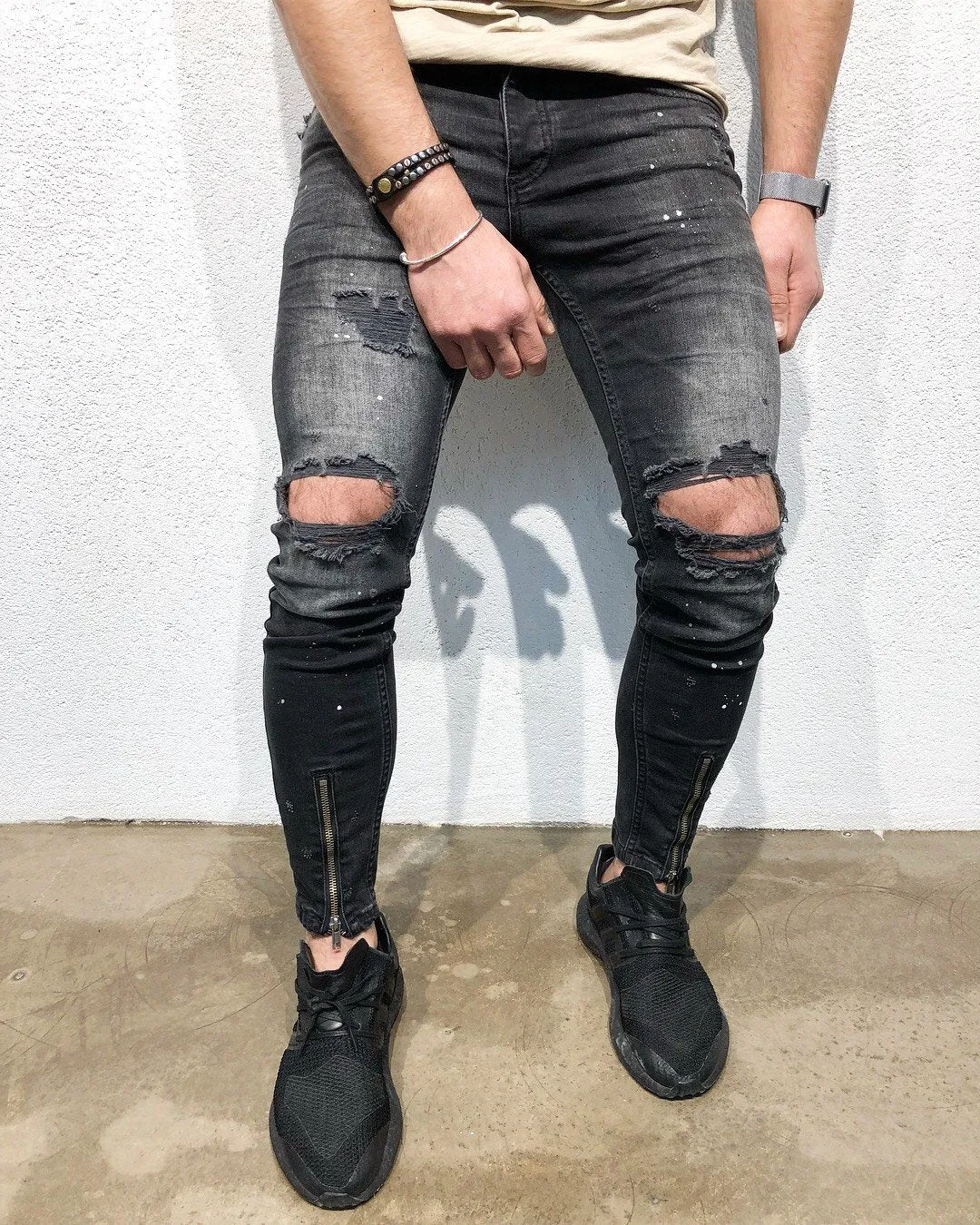 Black Destroyed Front Ankle Zipper Slim Fit Denim B110 Streetwear Denim Jeans