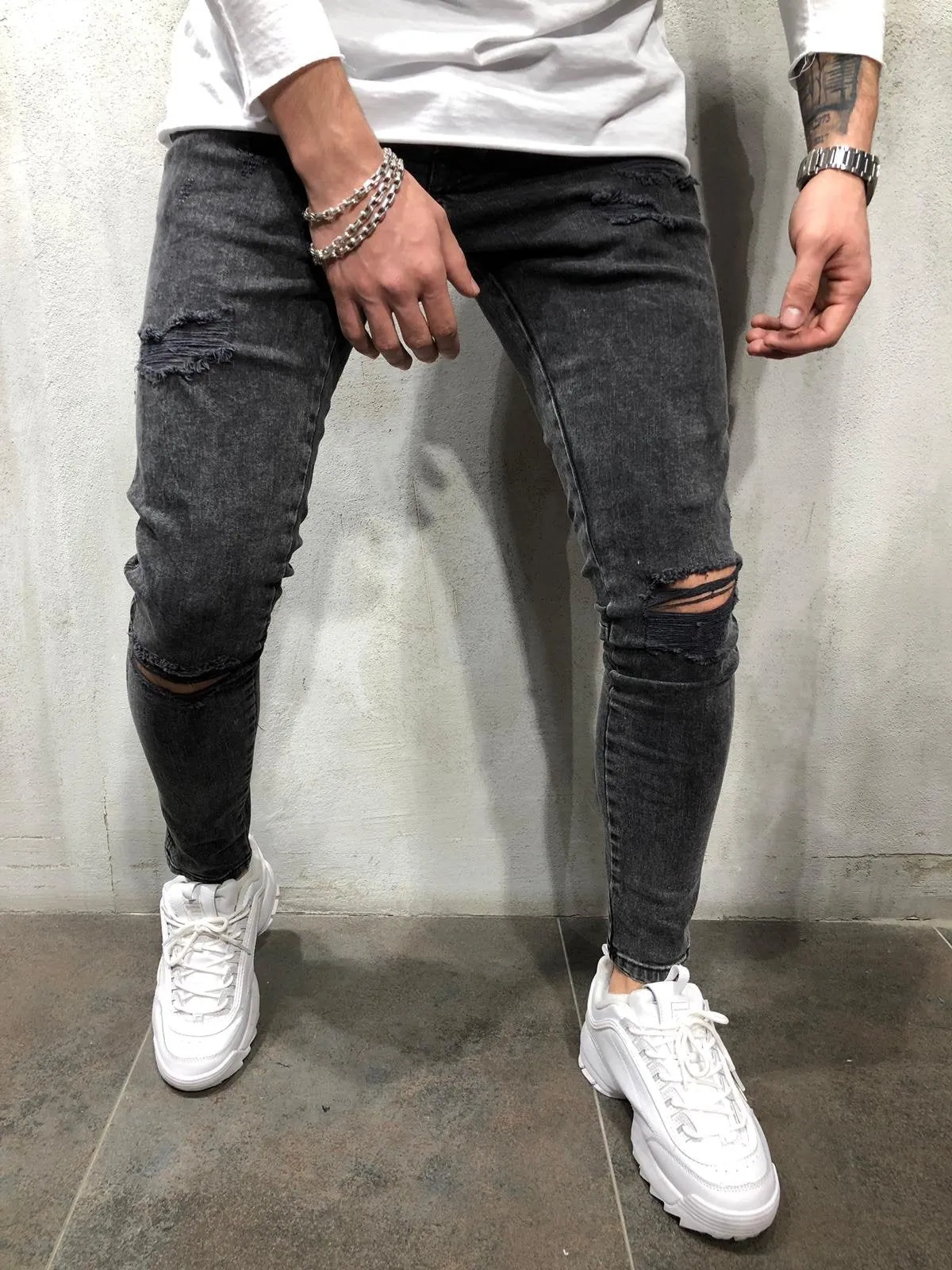 Black Ripped Ultra Skinny Fit Jeans AY111 Streetwear Mens Jeans