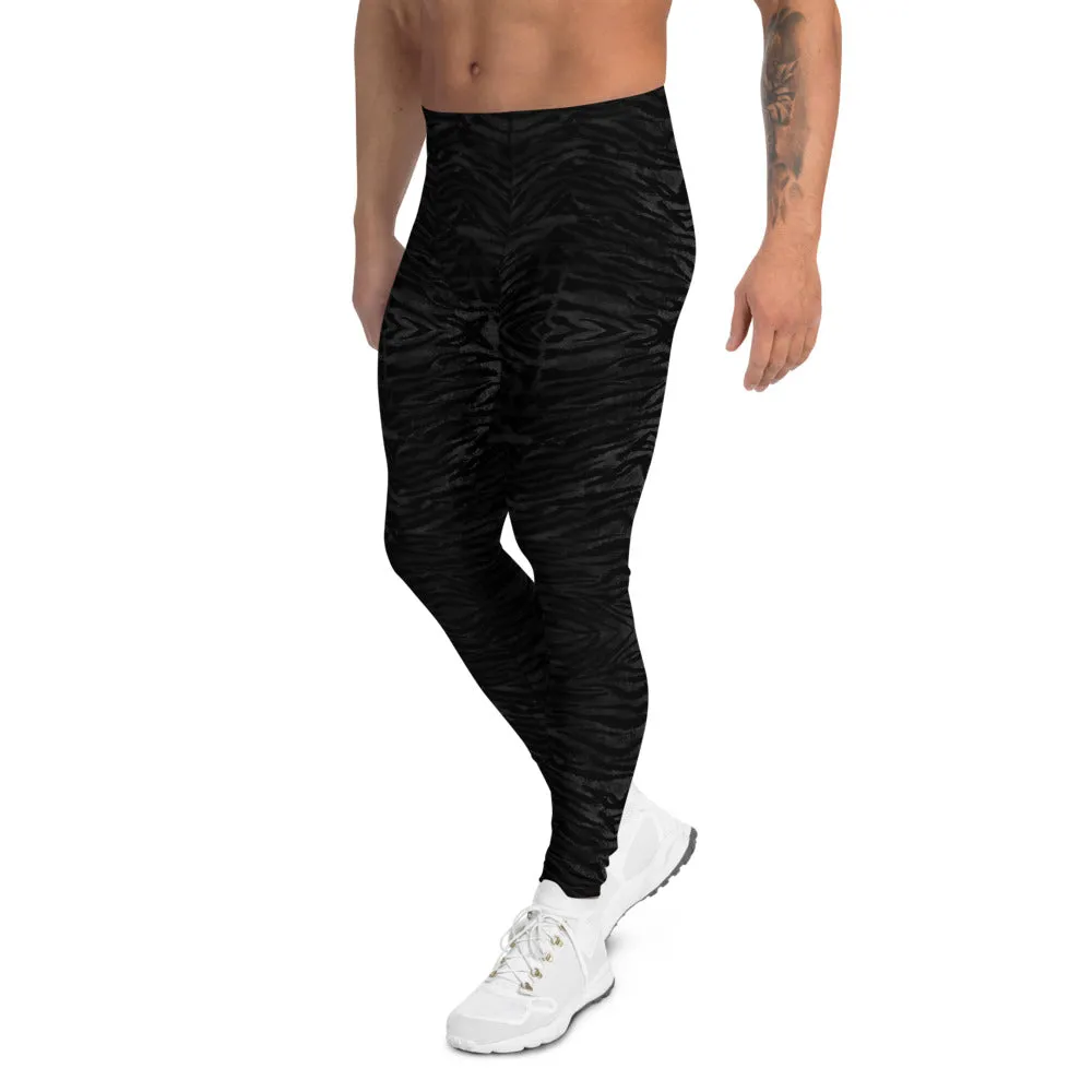 Black Tiger Stripe Men's Leggings, Animal Print Meggings Compression Tights-Made in USA/EU