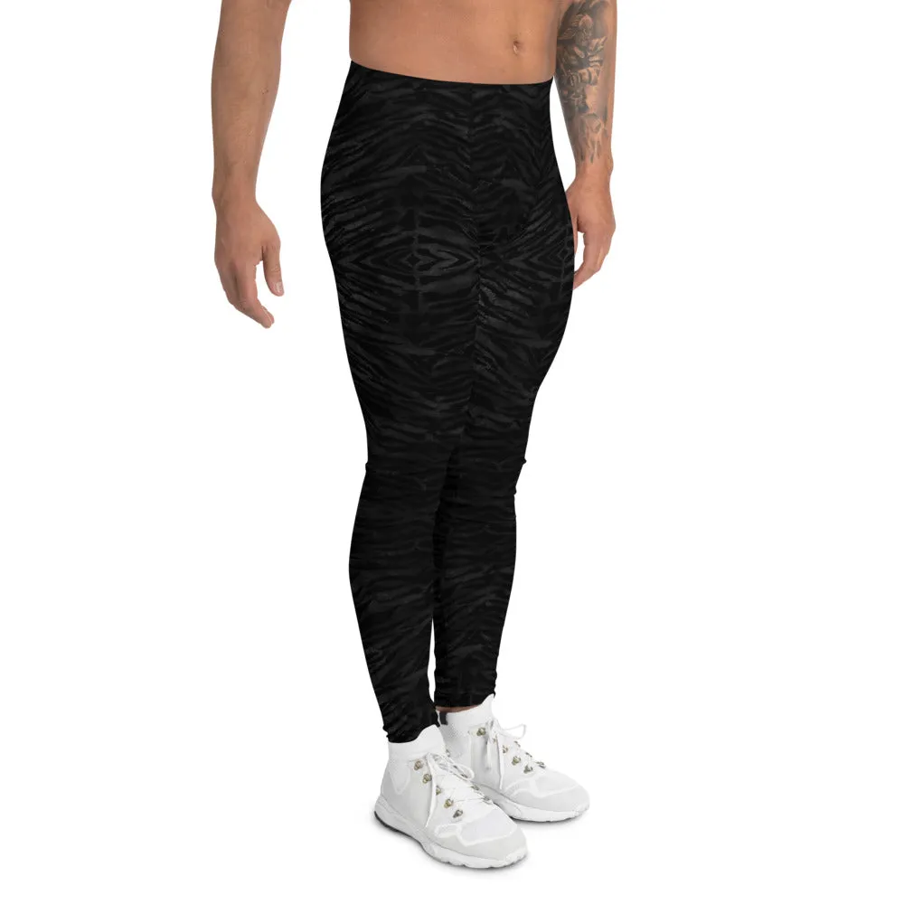 Black Tiger Stripe Men's Leggings, Animal Print Meggings Compression Tights-Made in USA/EU