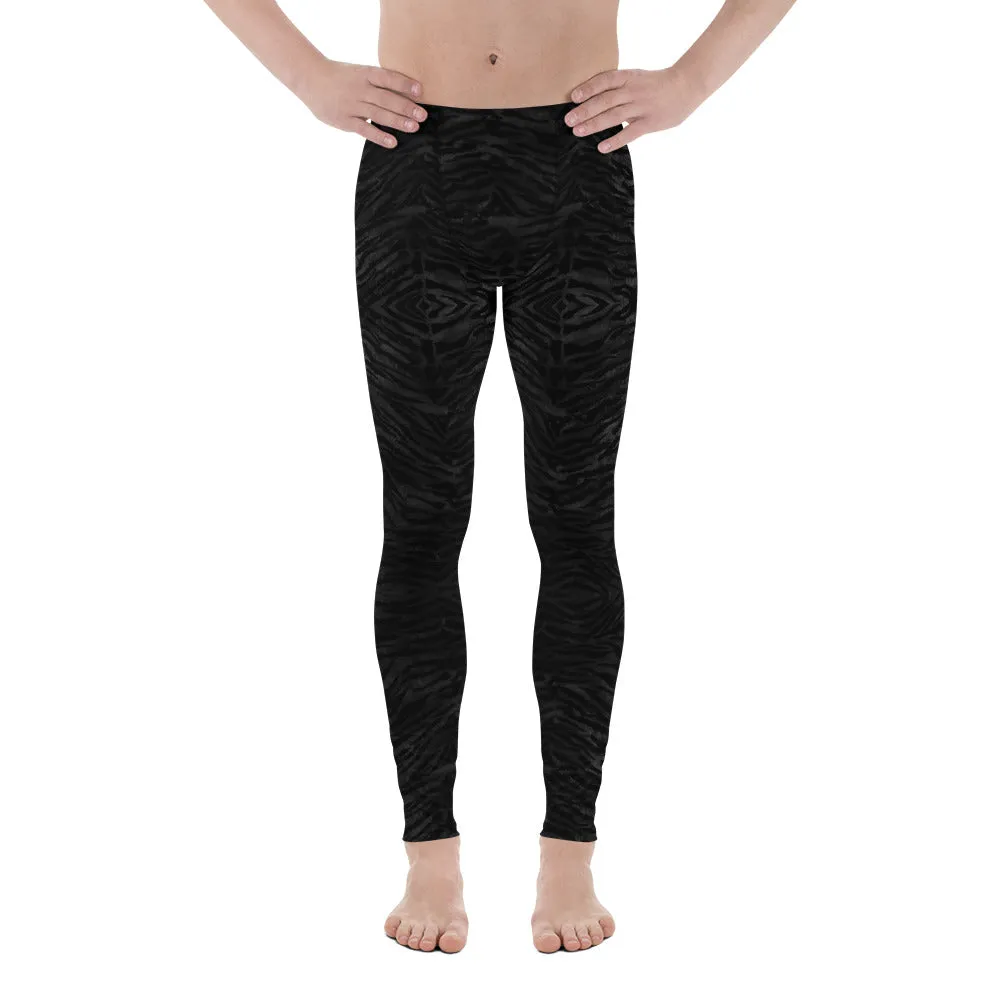 Black Tiger Stripe Men's Leggings, Animal Print Meggings Compression Tights-Made in USA/EU