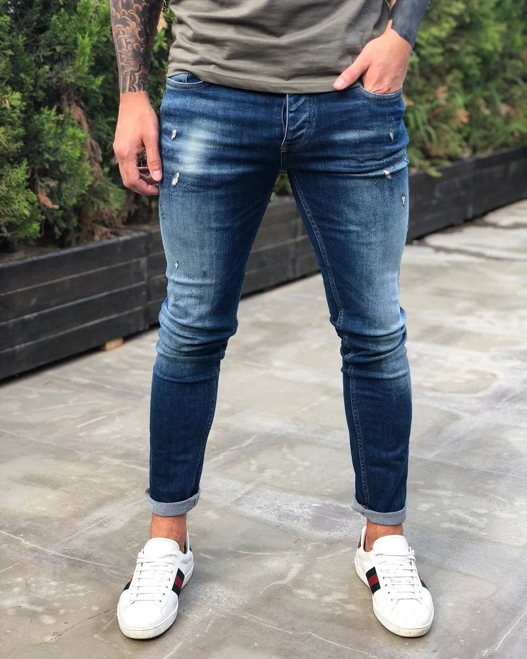 Blue Distressed Skinny Fit Denim B238 Streetwear Jeans