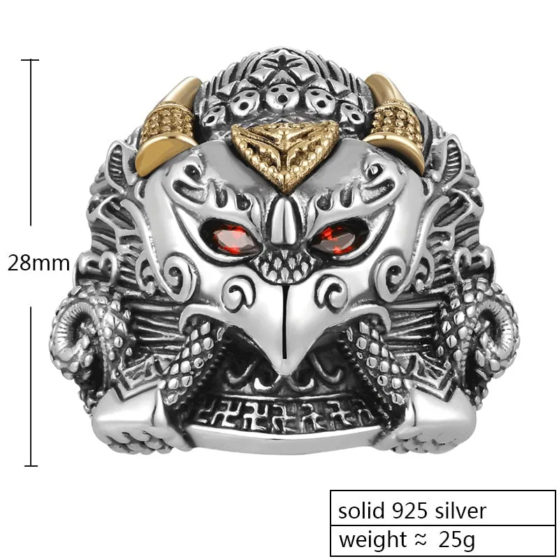 Buddha Garuda Mythical Bird Red Cubic Zirconia Eyes 925 Sterling Silver Adjustable Biker Ring