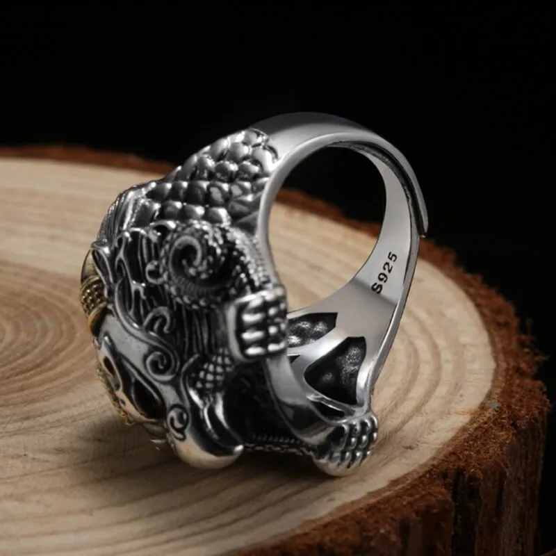 Buddha Garuda Mythical Bird Red Cubic Zirconia Eyes 925 Sterling Silver Adjustable Biker Ring