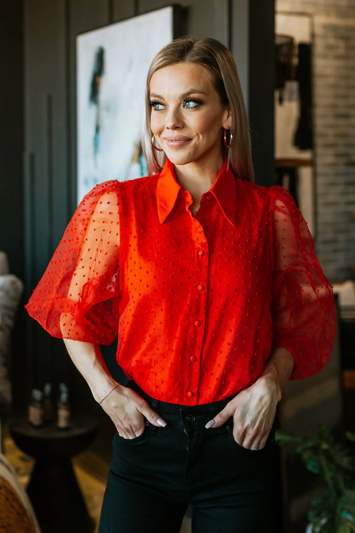 Button Down Sheer Blouse - 2 Colors