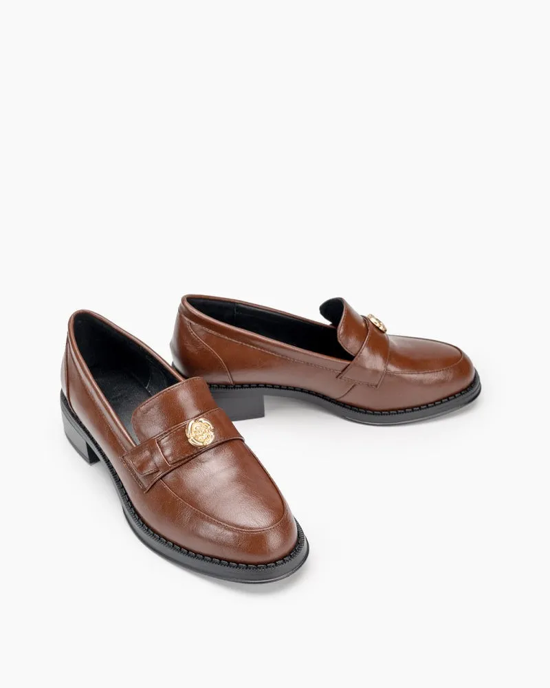 Camellia Gold Buckles Decorated Slip-On Flat Loafers