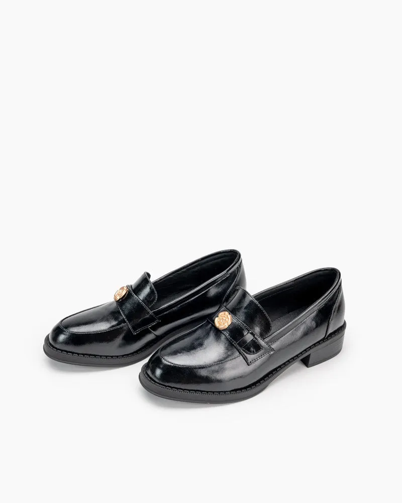 Camellia Gold Buckles Decorated Slip-On Flat Loafers