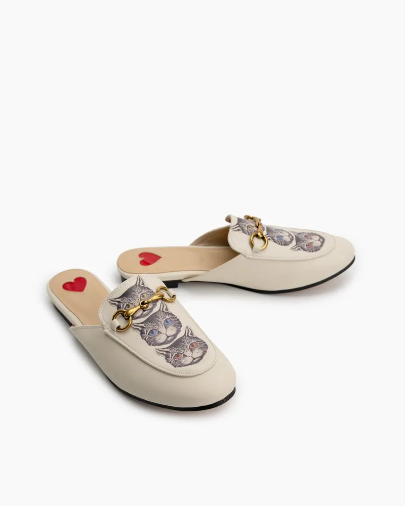 Classic Metal Buckle Cat Pattern Leather Slip On Backless Mules