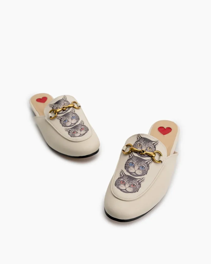 Classic Metal Buckle Cat Pattern Leather Slip On Backless Mules