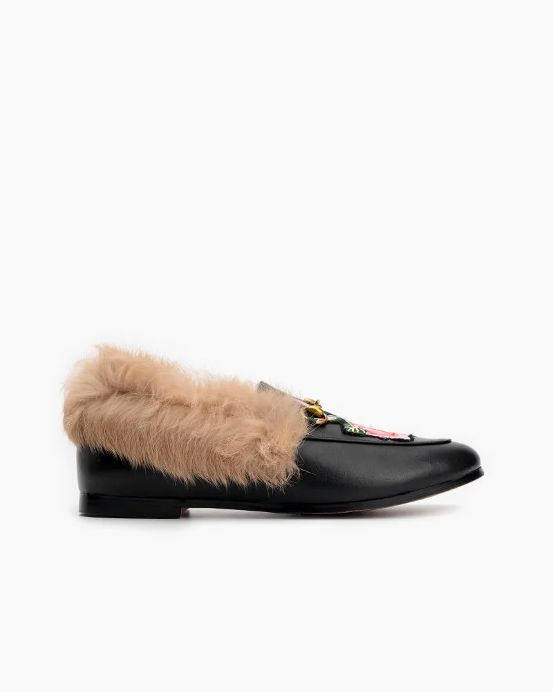 Classic Metal Buckle Embroidered Square Toe Fur Loafers