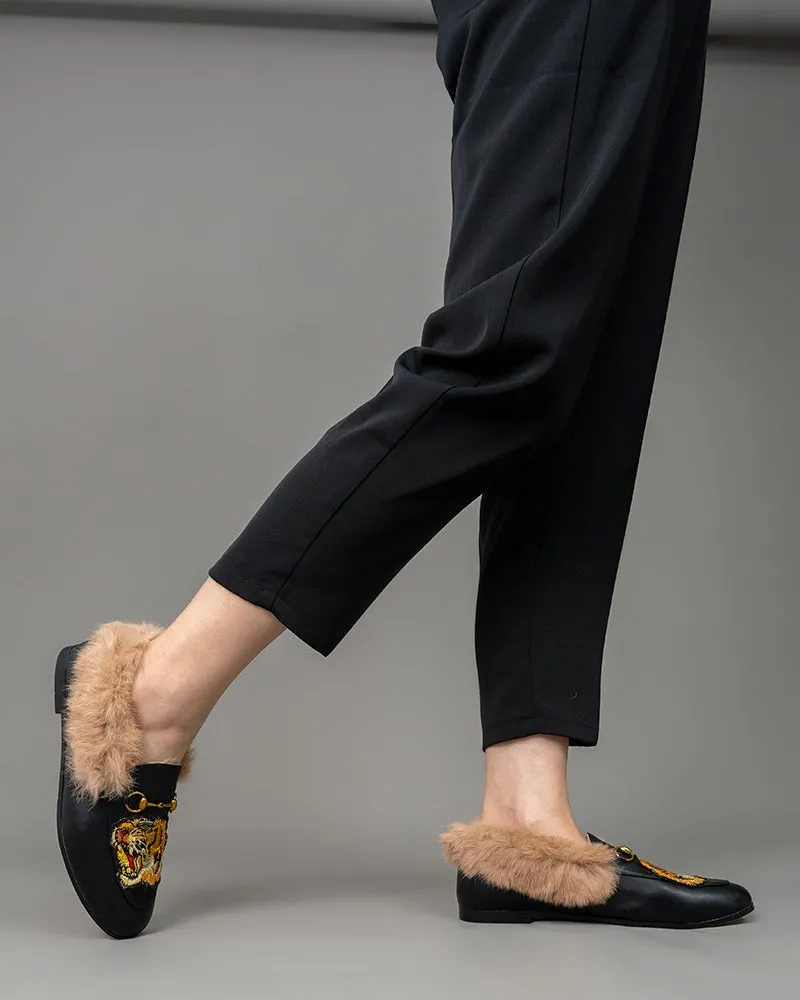 Classic Metal Buckle Embroidered Square Toe Fur Loafers