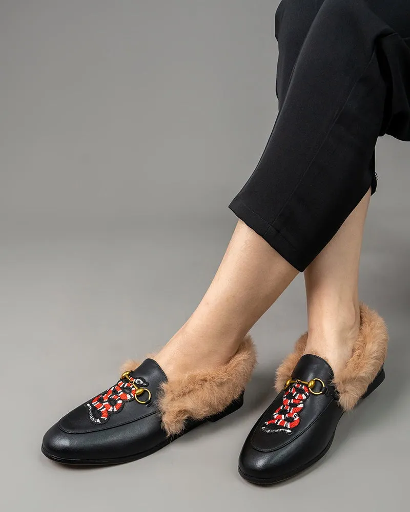 Classic Metal Buckle Embroidered Square Toe Fur Loafers