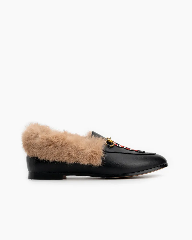 Classic Metal Buckle Embroidered Square Toe Fur Loafers