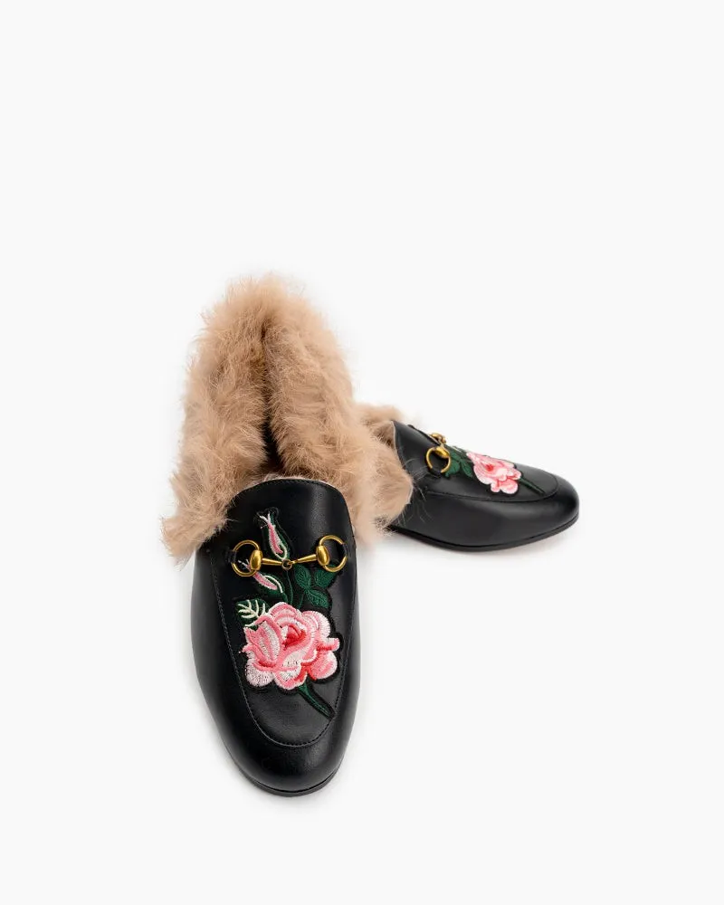 Classic Metal Buckle Embroidered Square Toe Fur Loafers