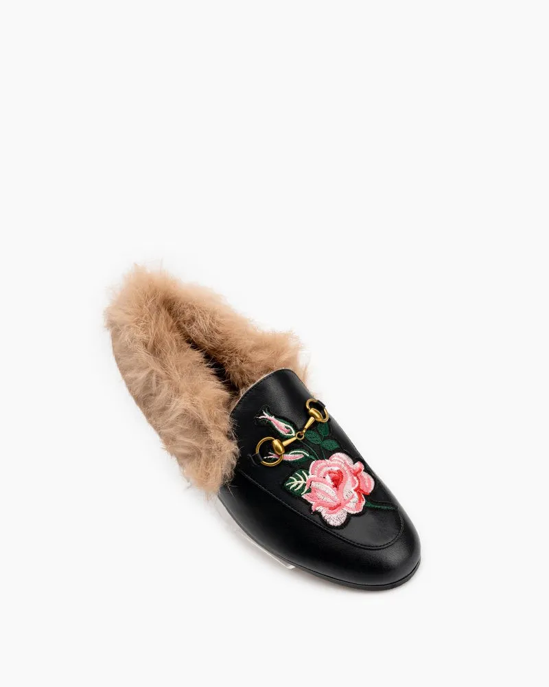 Classic Metal Buckle Embroidered Square Toe Fur Loafers