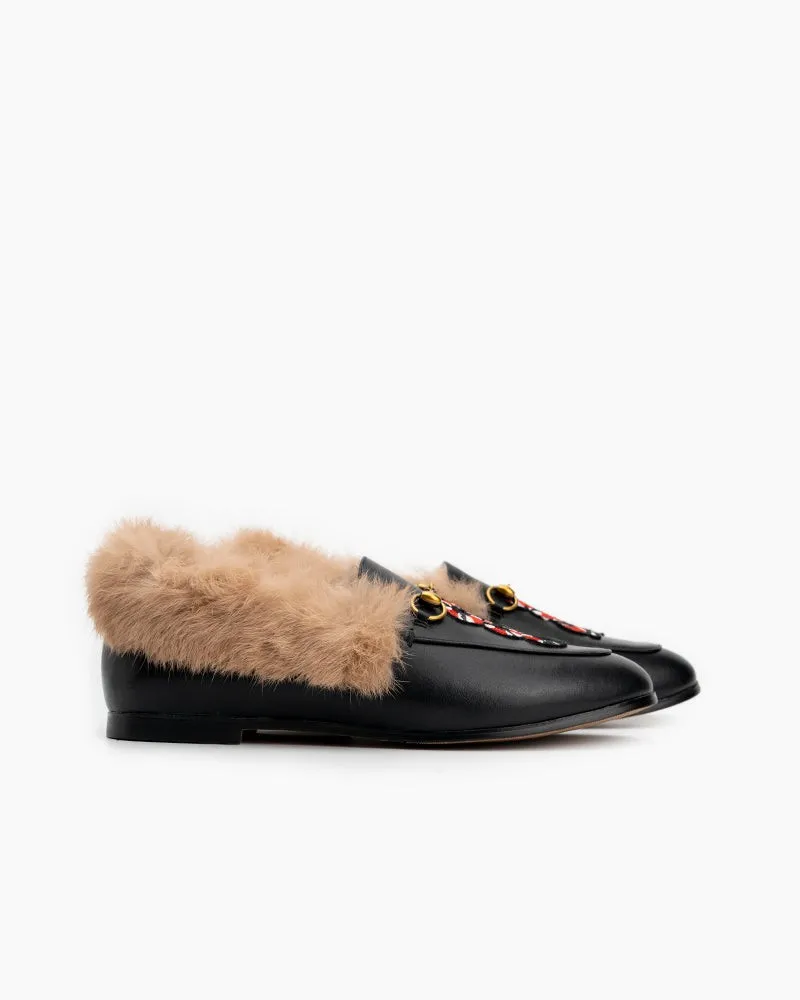 Classic Metal Buckle Embroidered Square Toe Fur Loafers