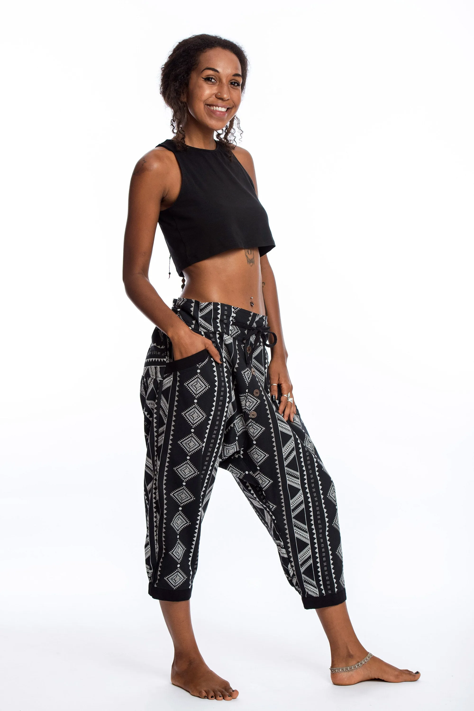 Diamonds Women's Harem Pants with Faux Buttons in Black