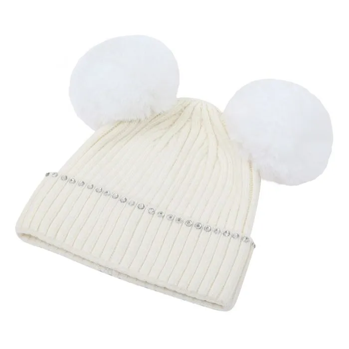 Double POM POM Hat White with Crystal Detail