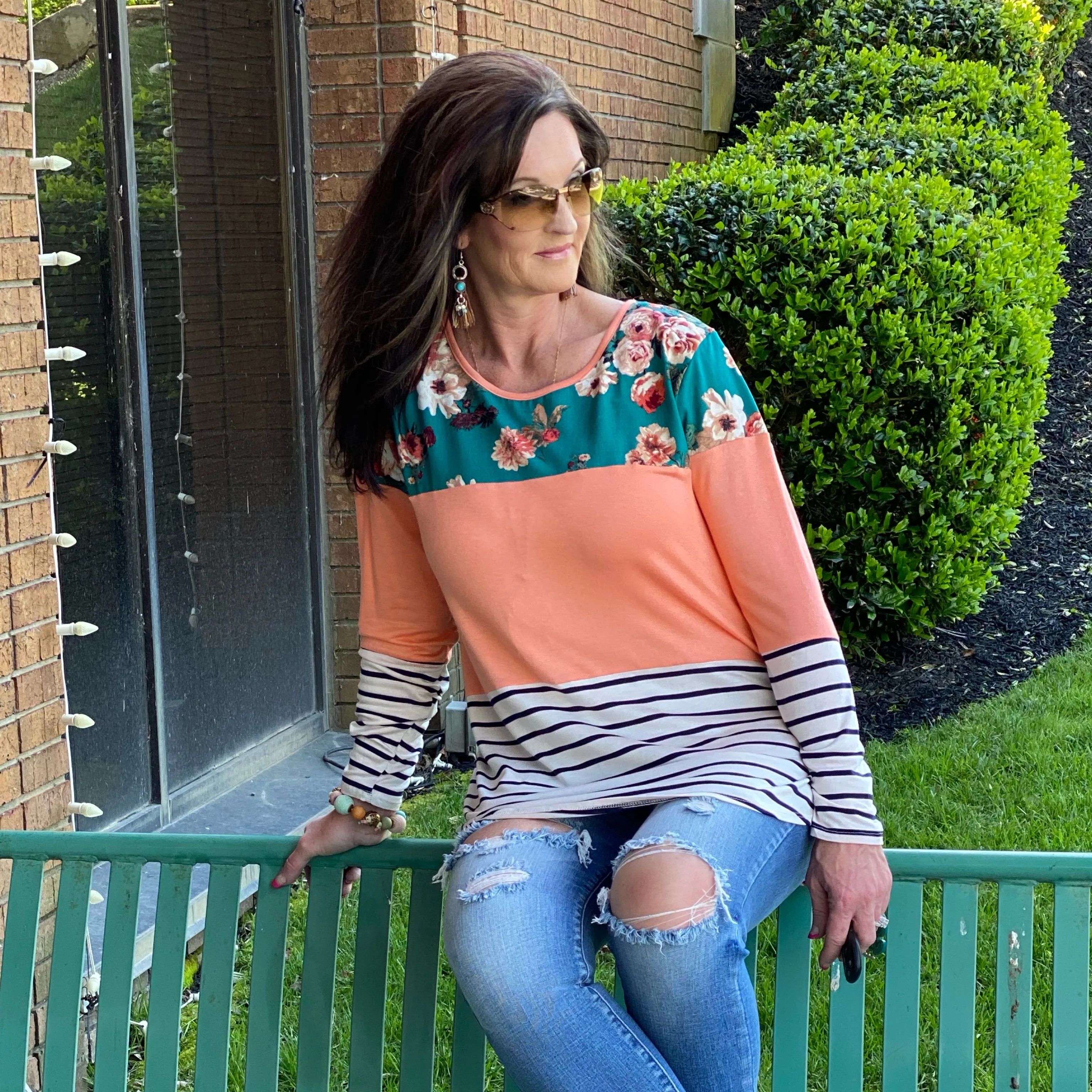 Floral Days Color Block Teal Tunic