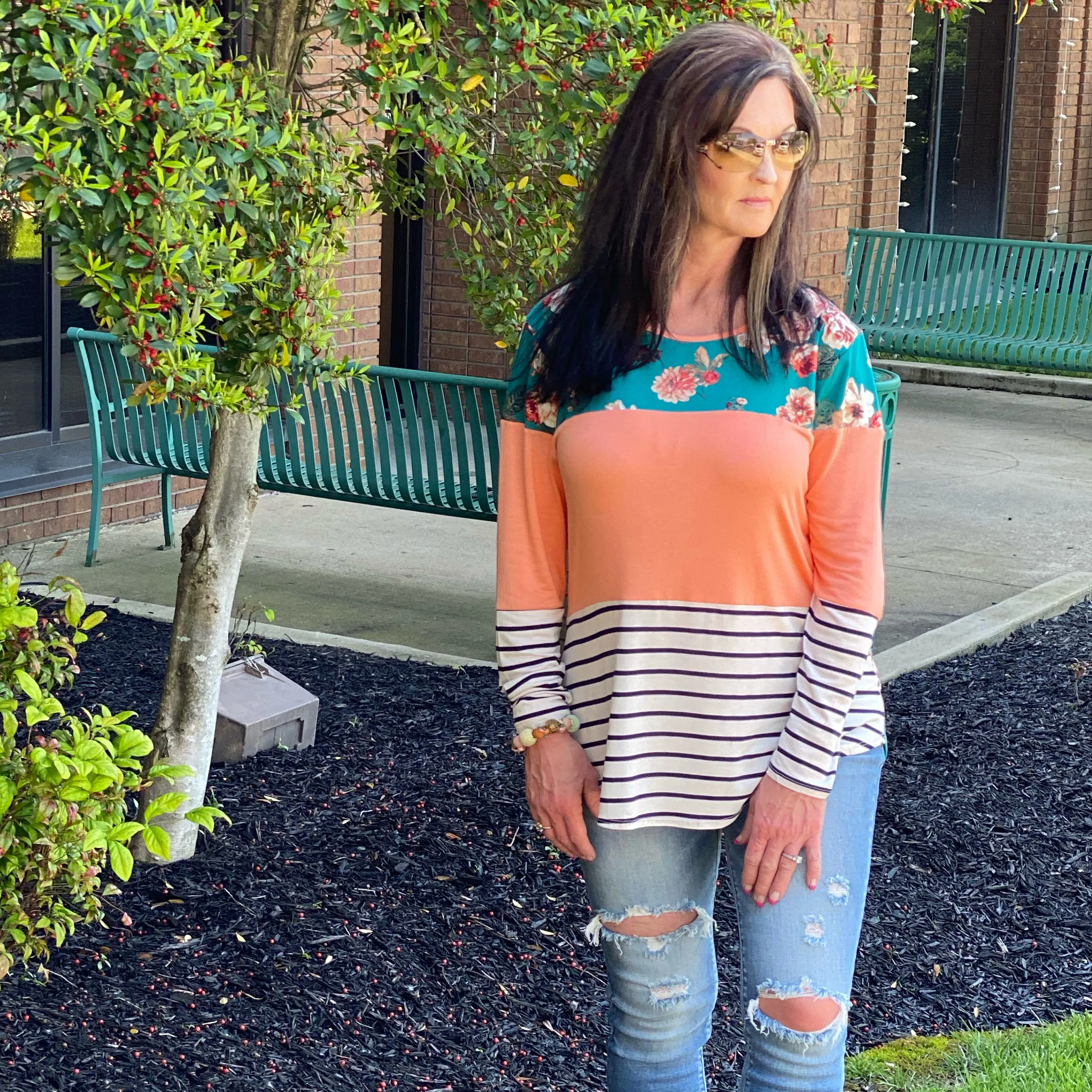 Floral Days Color Block Teal Tunic