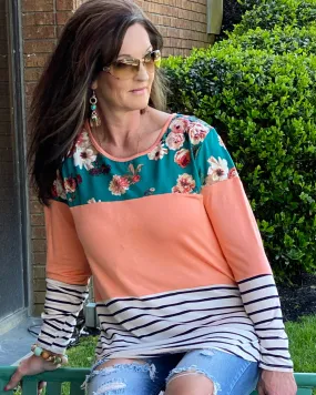 Floral Days Color Block Teal Tunic