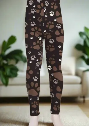 Girls Dog Paw Leggings, Kids Yoga Pants, Sizes S/L, No-Roll Waist, Black/Brown