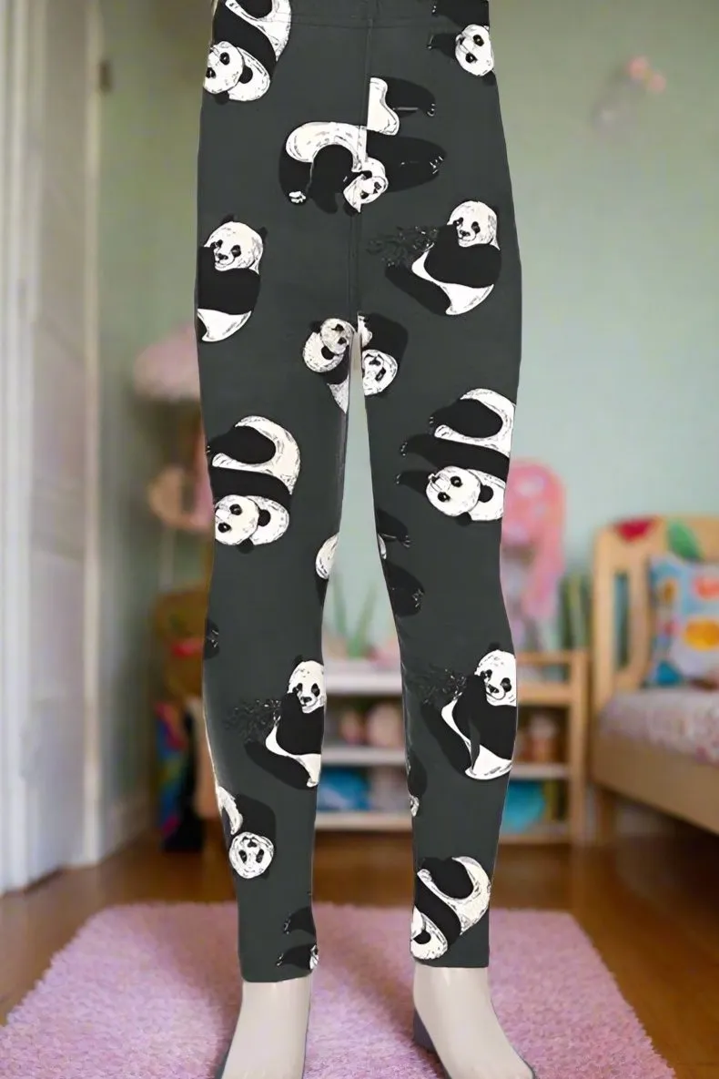 Girls Panda Bear Leggings, Kids Yoga Pants, Sizes S/L, No-Roll Waist, Gray/Black