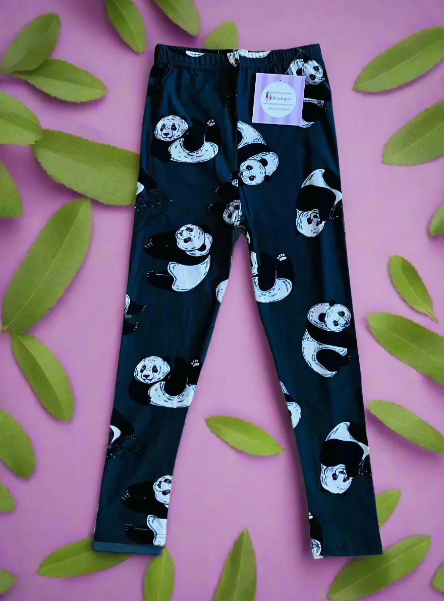 Girls Panda Bear Leggings, Kids Yoga Pants, Sizes S/L, No-Roll Waist, Gray/Black