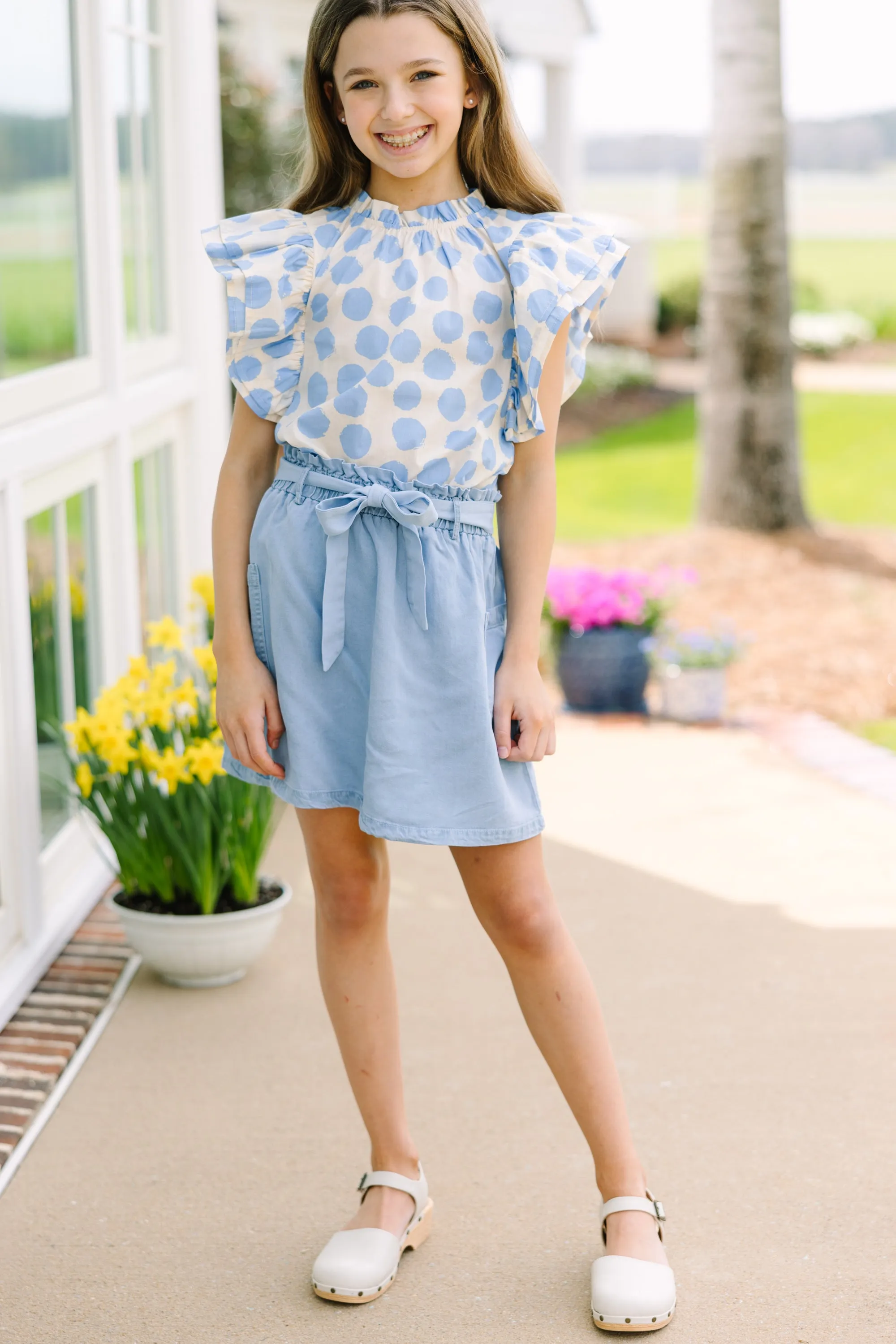 Girls: True Self Blue Polka Dot Ruffled Blouse