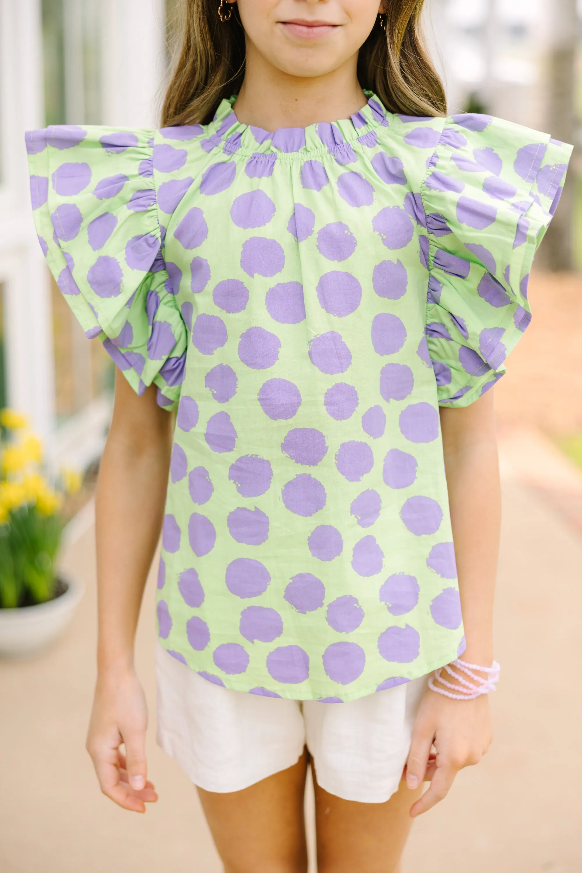 Girls: True Self Green Polka Dot Ruffled Blouse