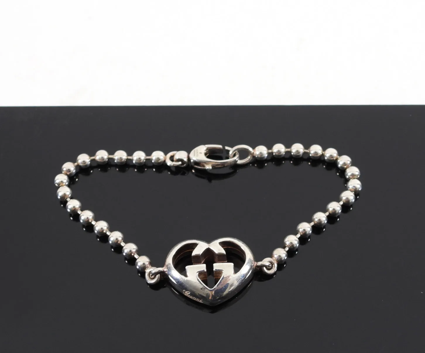 Sterling Silver Gucci Britt Puff Heart Bracelet with GG Logo Detailing