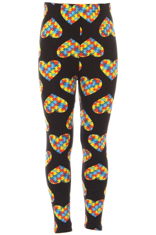 Kid's Colorful Heart Autism Jigsaw Puzzles Pattern Printed Leggings