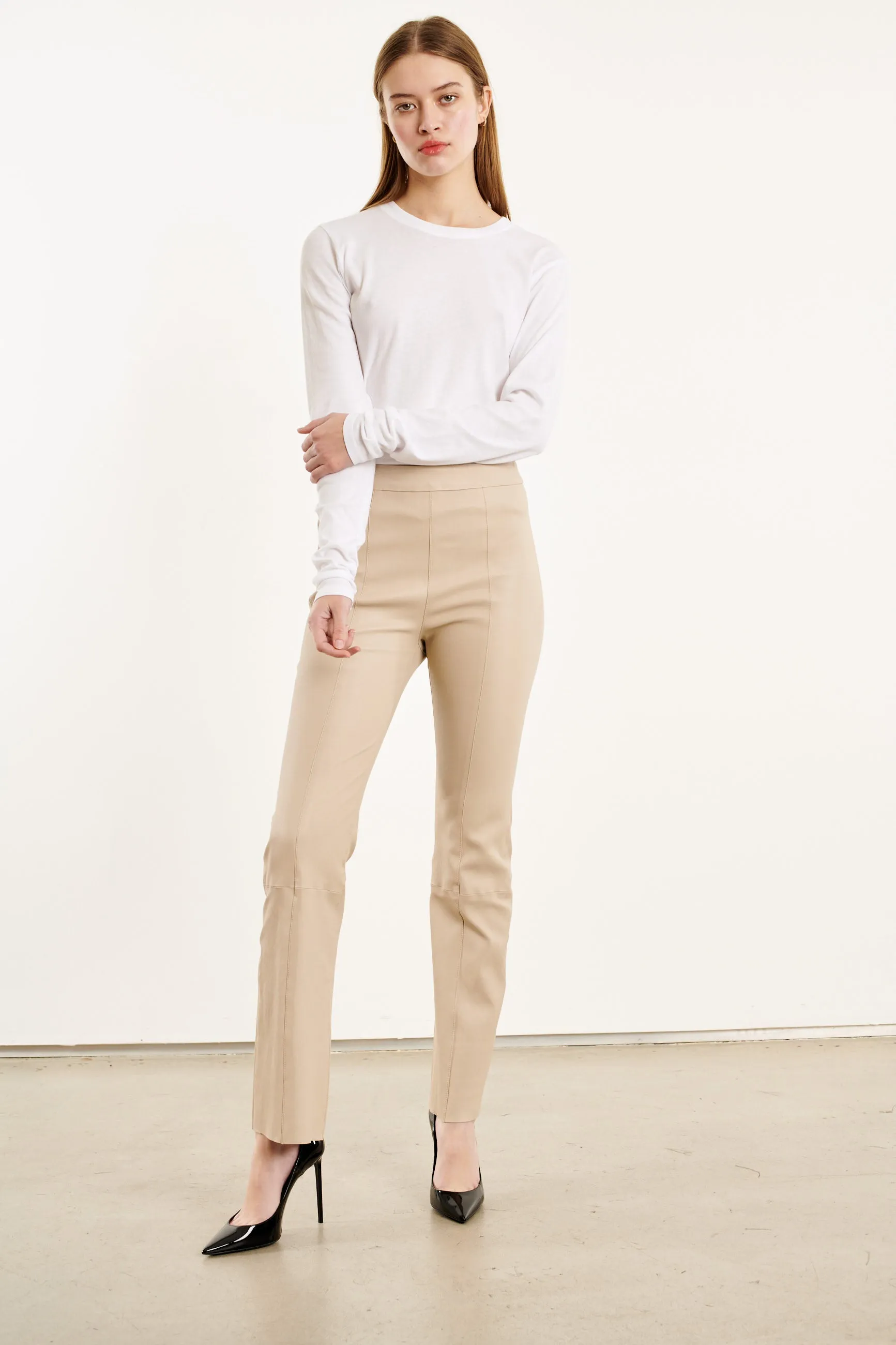 Latte Leather Crop Flare With Princess Seams