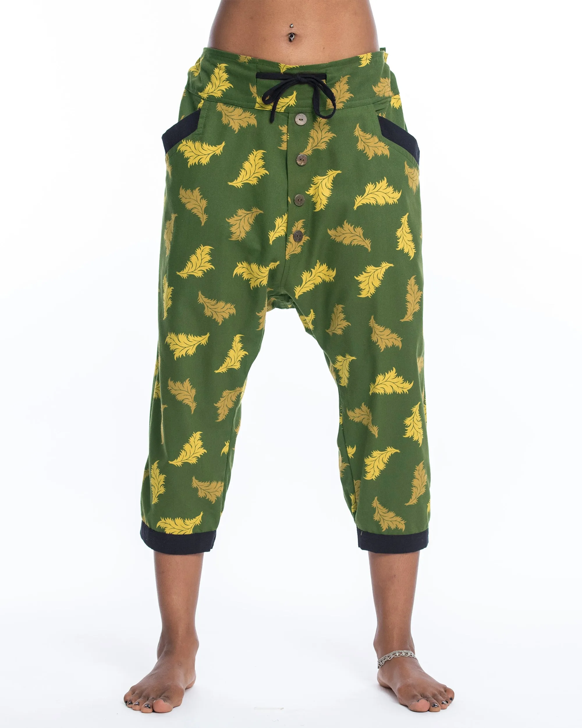 Leaves Women's Harem Pants with Faux Buttons in Green