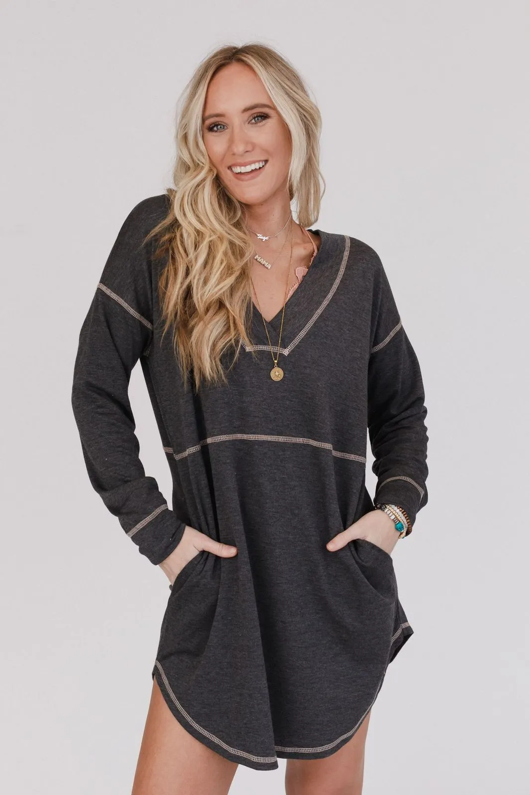 Meadow Long Sleeve Tunic Dress - Charcoal