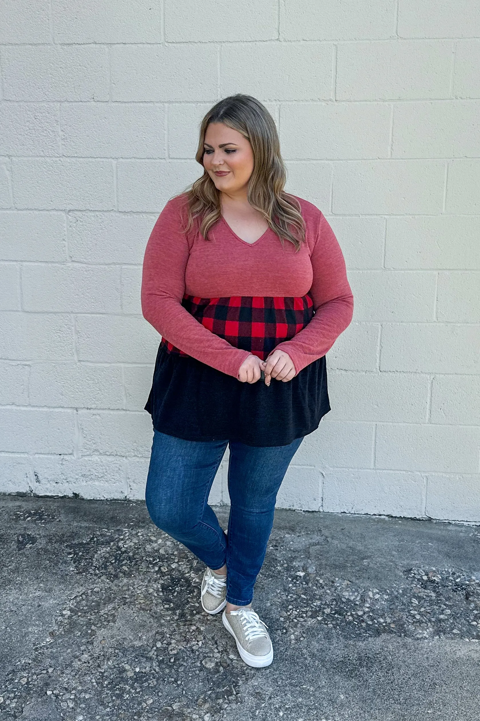 Miss Who I Was Color Block Buffalo Plaid Top