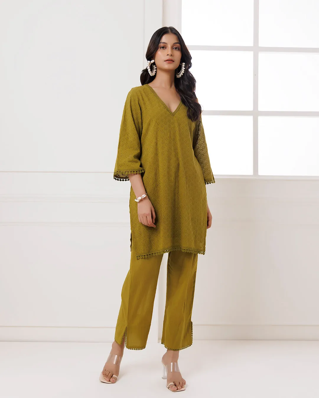 Olive Green Schiffili Kurta Set