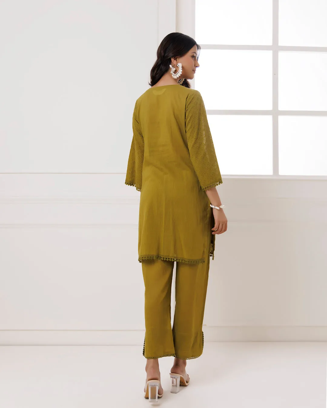 Olive Green Schiffili Kurta Set