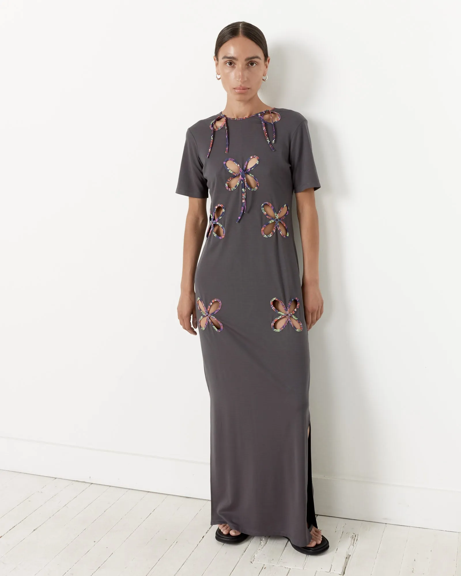 Petal Edged Flowers Dress in Dark Grey