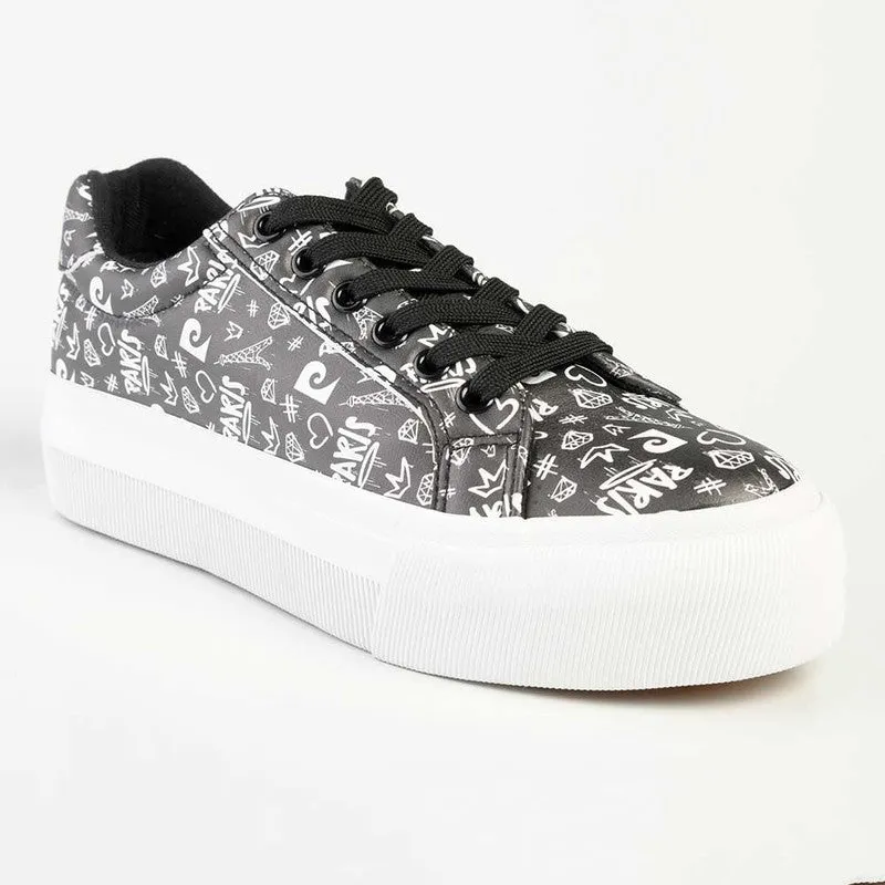 Pierre Cardin Graffiti Lace Up Floral Sneaker - Black