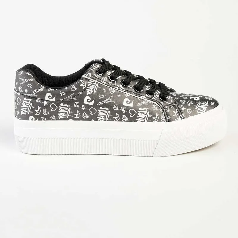 Pierre Cardin Graffiti Lace Up Floral Sneaker - Black