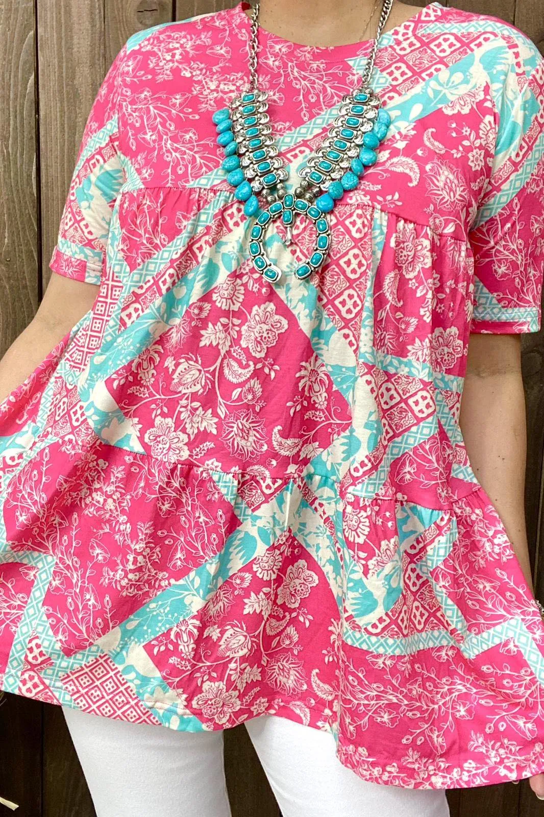 Pink & Turquoise floral design baby doll top