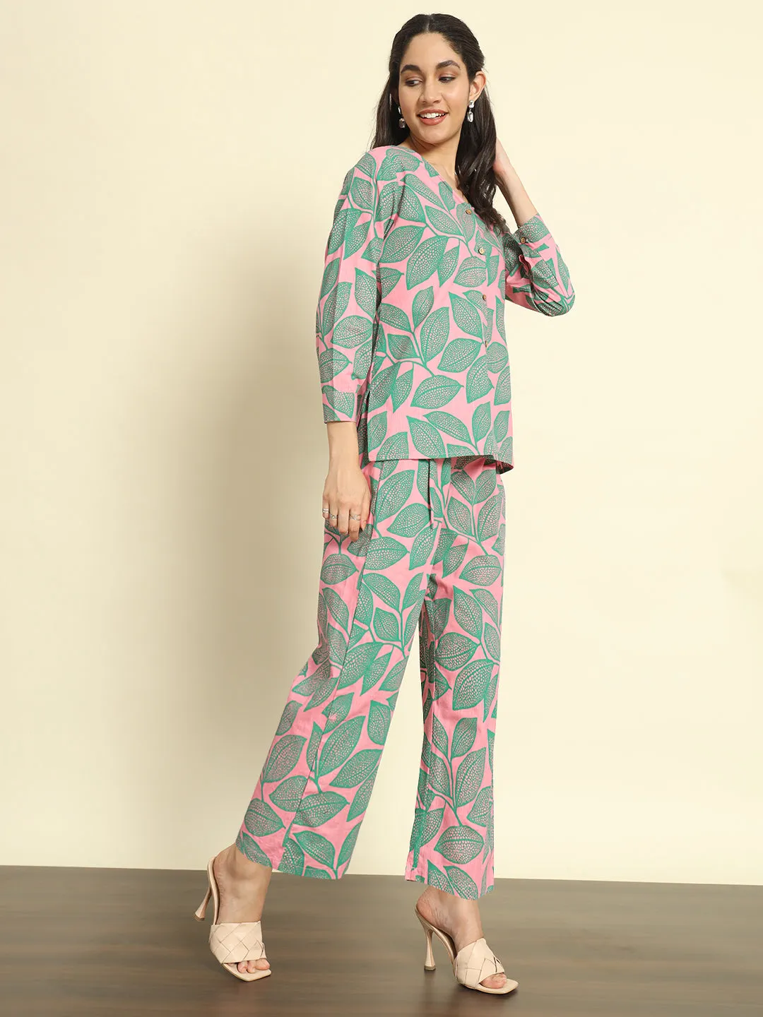 Pink Leafy Printed Linen Pants